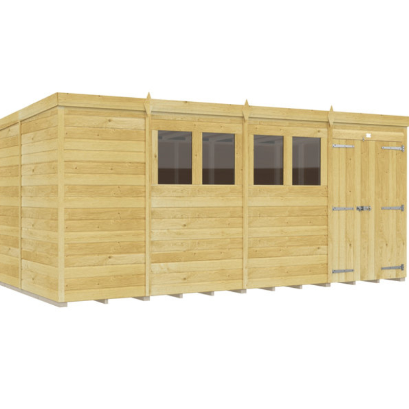 Holt 15' x 9' Double Door Shiplap Pressure Treated Modular Pent Shed at Cabins.co.uk