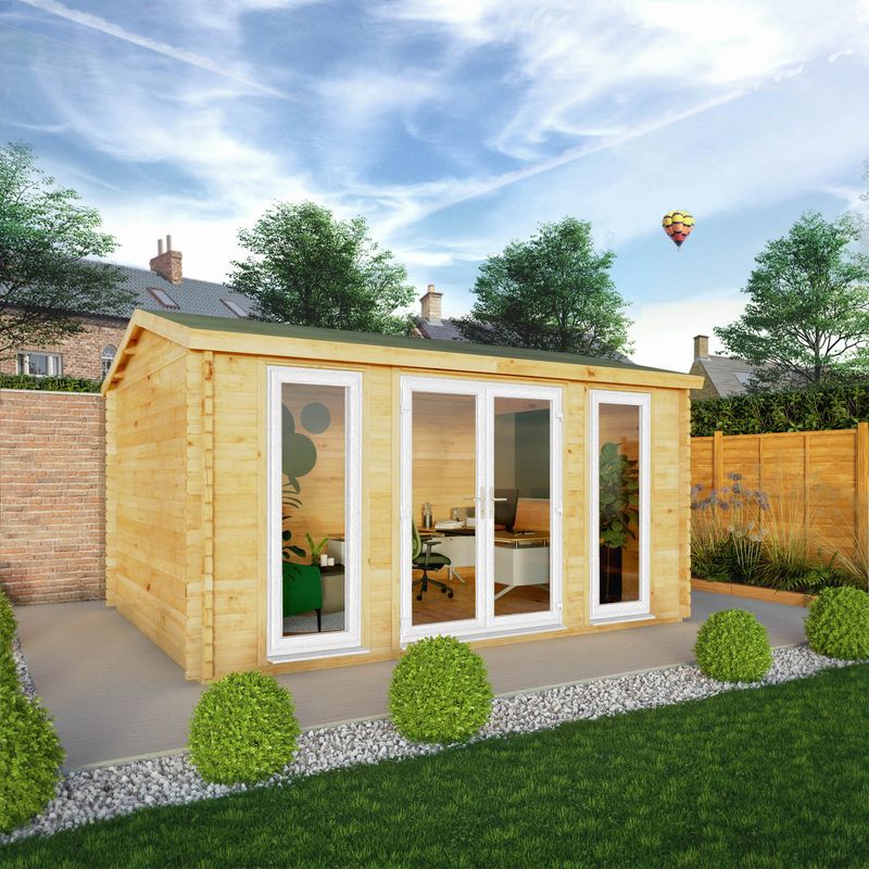 Mercia 4.5m x 3.5m Home Office Studio Log Cabin (44mm) - White UPVC Windows & Doors, Brown