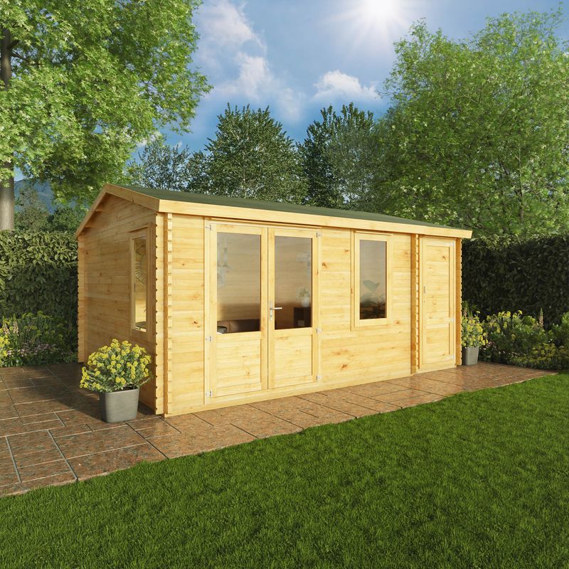 Mercia 5.1m x 4m Home Office Elite Log Cabin With Side Shed (44mm), Brown