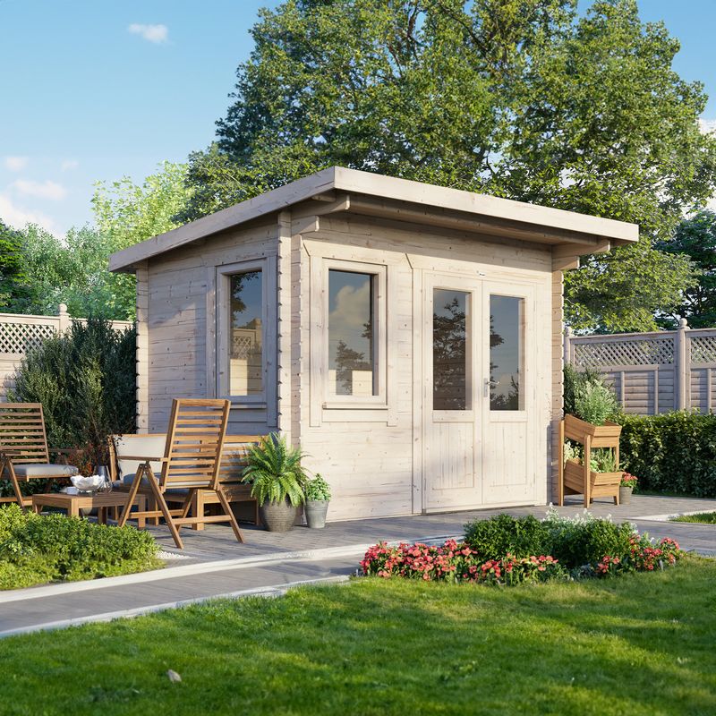 Powersheds 12x8 Pent Log Cabin, Doors Central - 28mm Logs, Brown