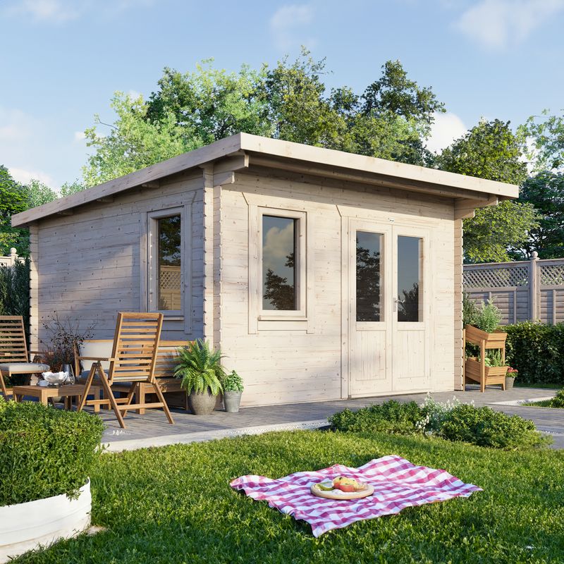 Powersheds 14x14 Pent Log Cabin, Doors Central - 28mm Logs, Brown