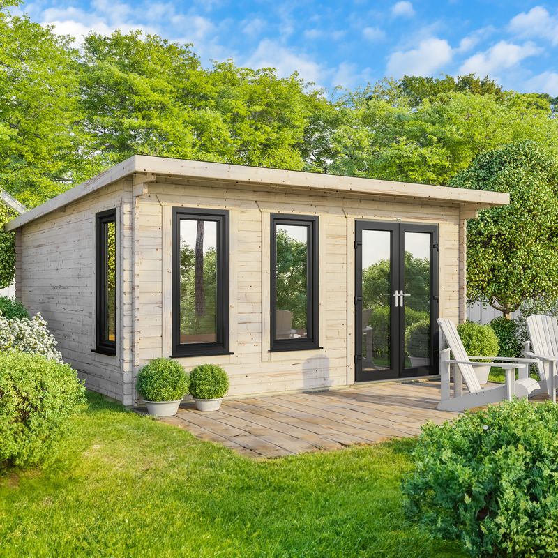 Powersheds 18x18 Pent Log Cabin, Doors Central - 44mm Logs, Brown
